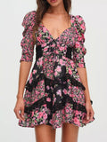 Ruffled Floral Print Half Sleeve Dress