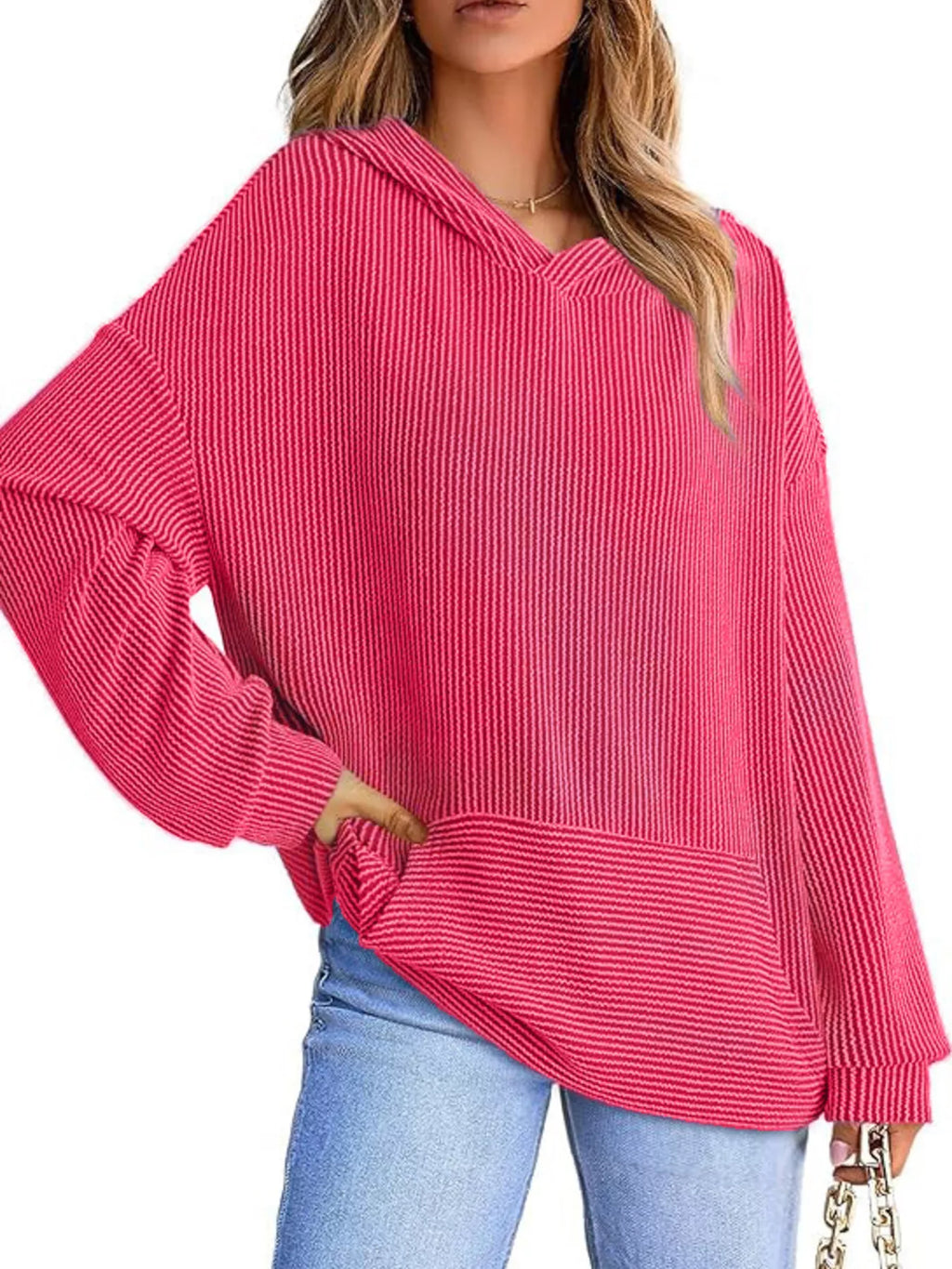Ribbed Oversized Hoodie Sweatshirt with Pocket