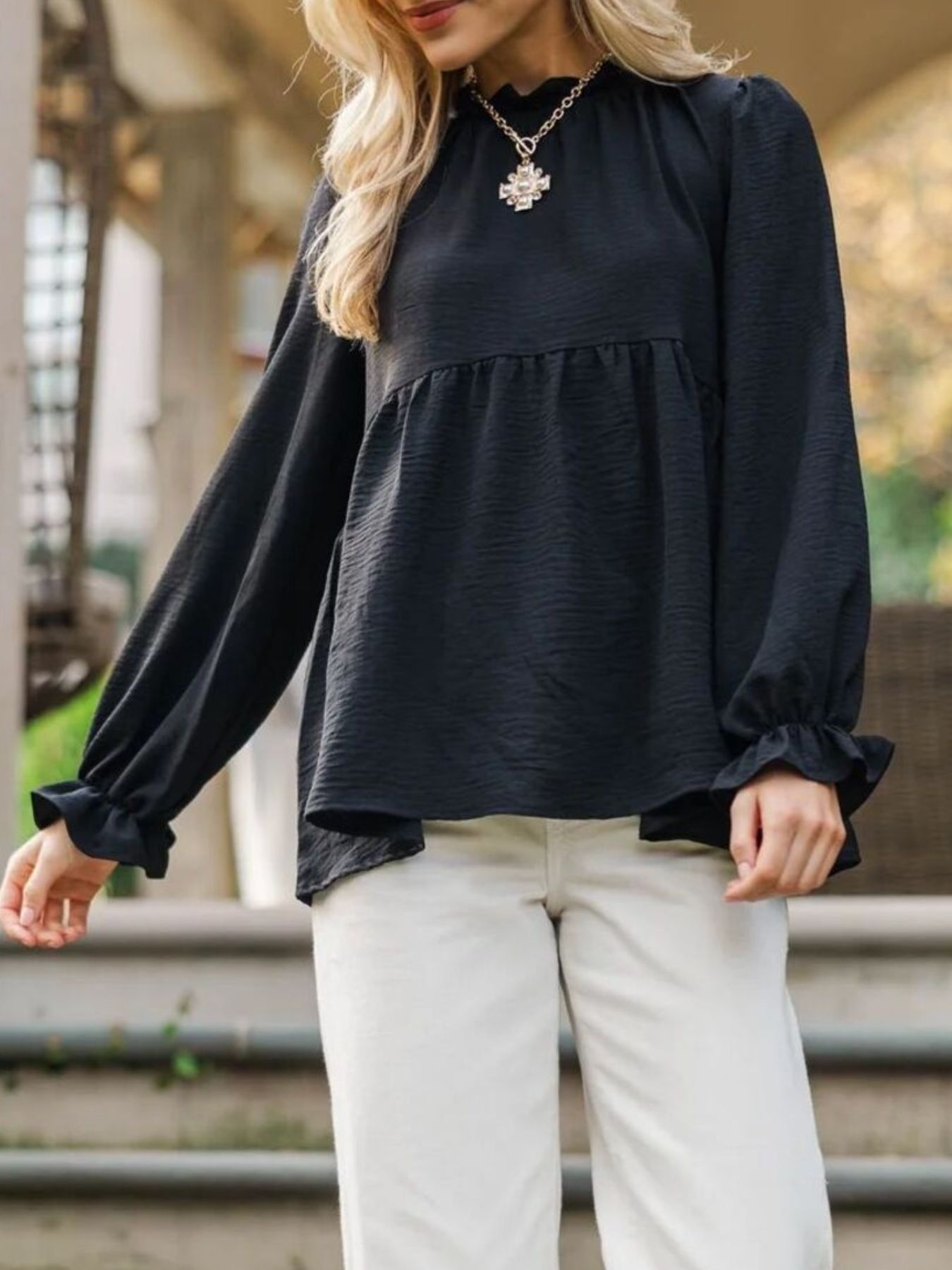 Frill Mock Neck Flounce Sleeve Blouse