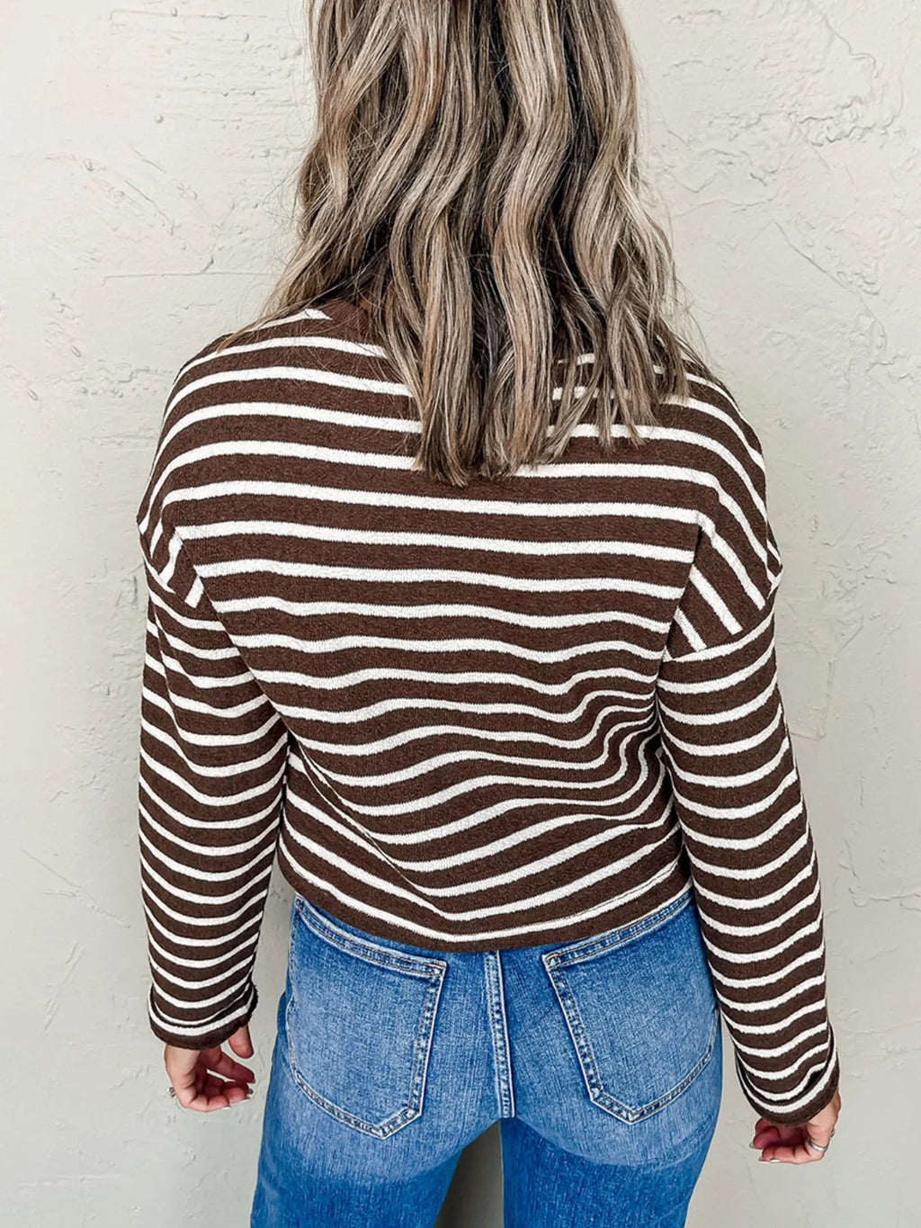 Stripe Cropped Crew Neck Long Sleeve T Shirt