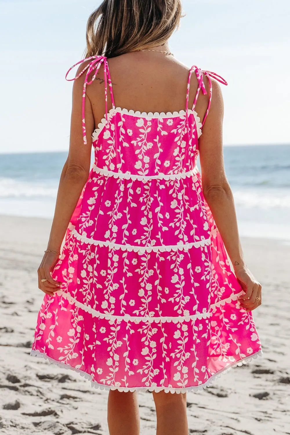 Floral Print Ric Rac Patched Sleeveless Mini Dress