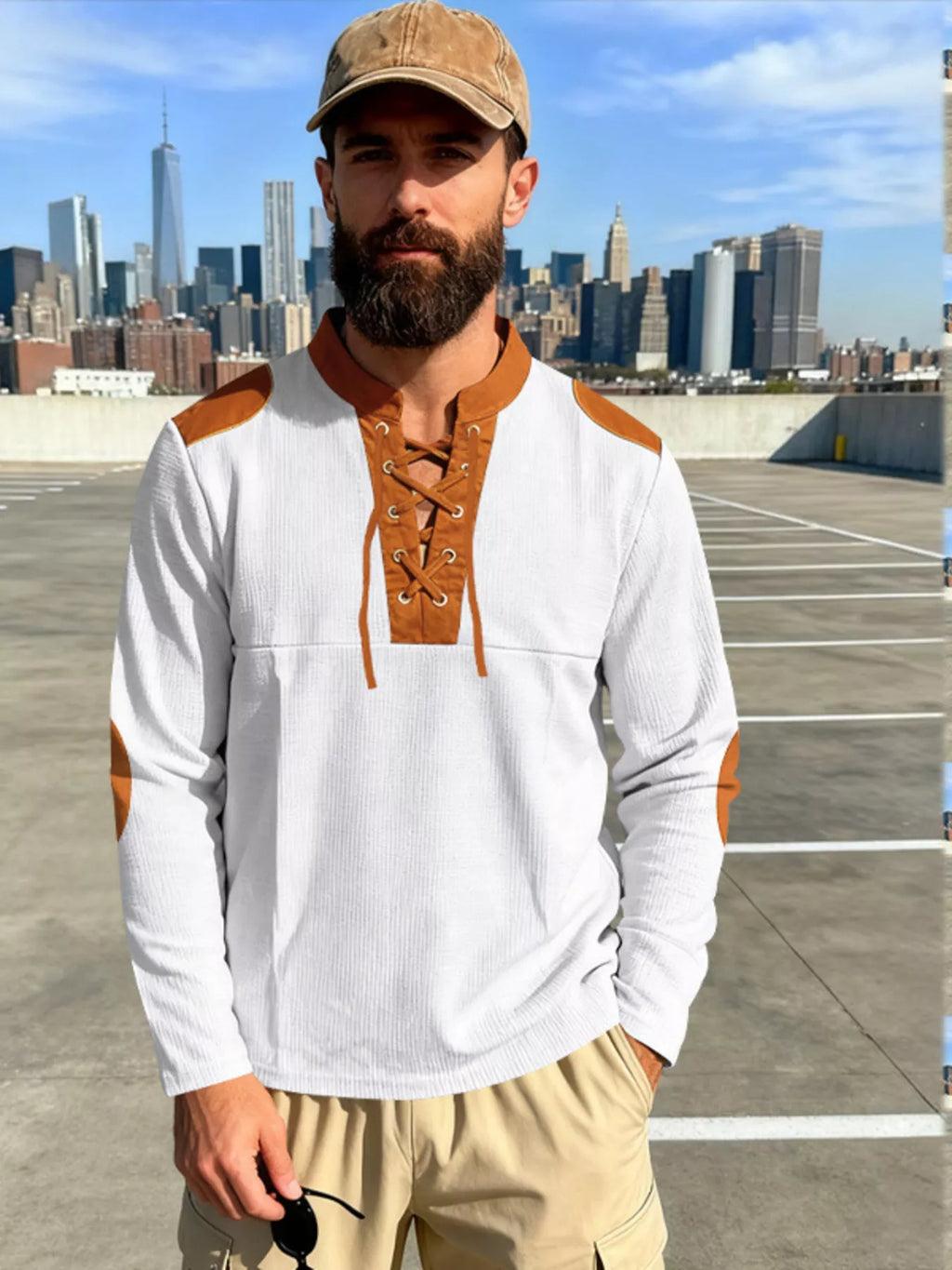 Men's Full Size Vintage Lace-Up Long Sleeve T-Shirt Plus Size