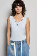POL Studded Trim Button-Front Ruffle Detail Tank