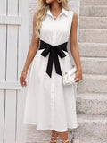 Contrast Bow Sleeveless Shirt Dress