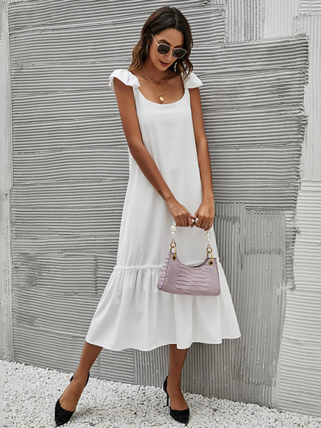 Full Size Ruffled Hem Midi Dress with Cap Sleeves Plus Size