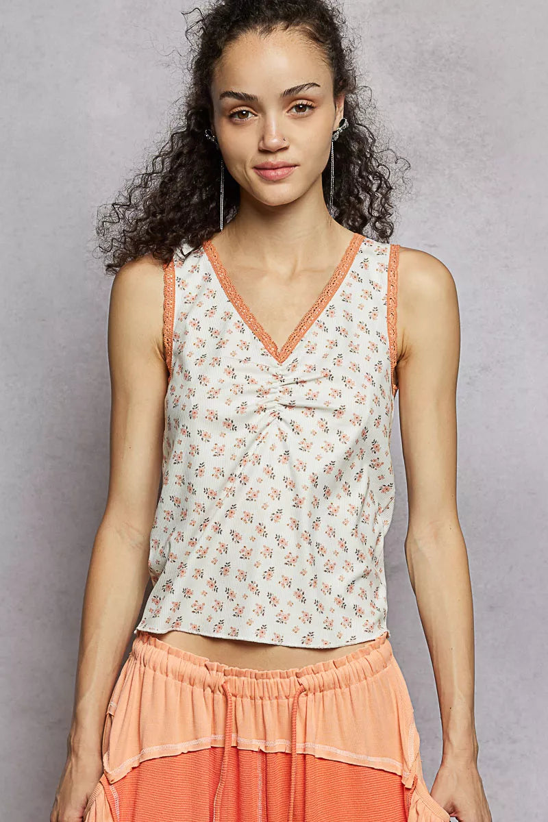 POL Ruched Floral V-Neck Tank with Lace Detail