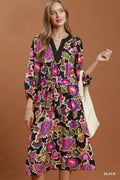 Umgee Abstract Print Embroidered Belted Midi Dress