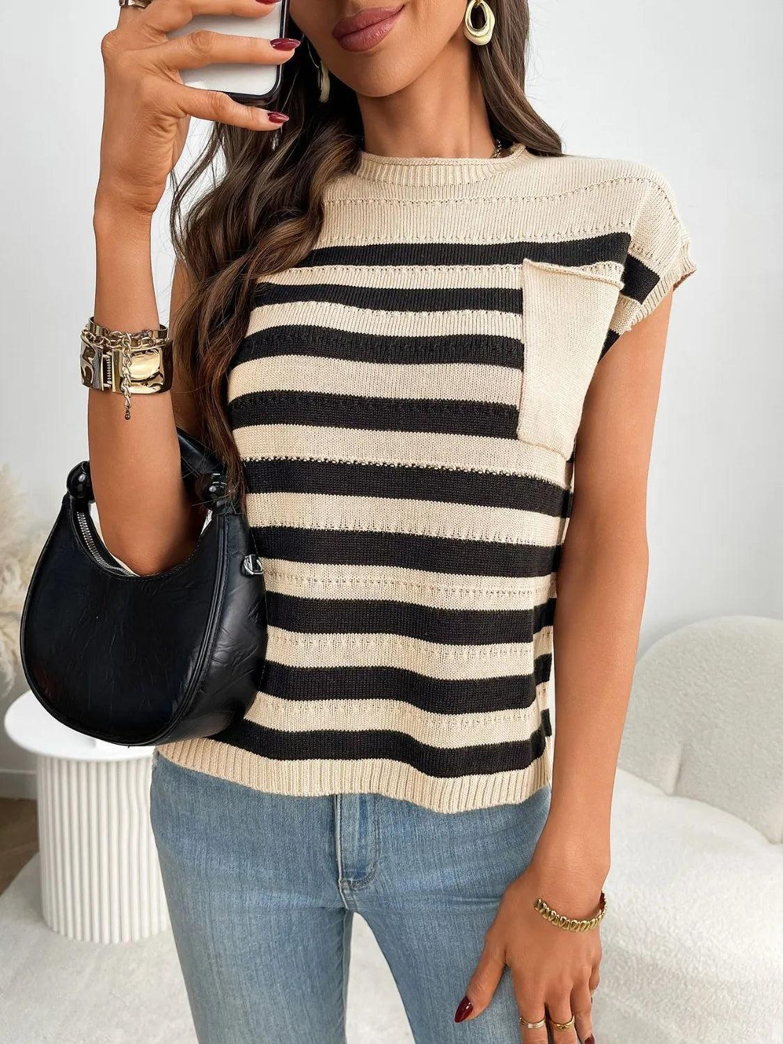 Striped Mock Neck Cap Sleeve Knit Top