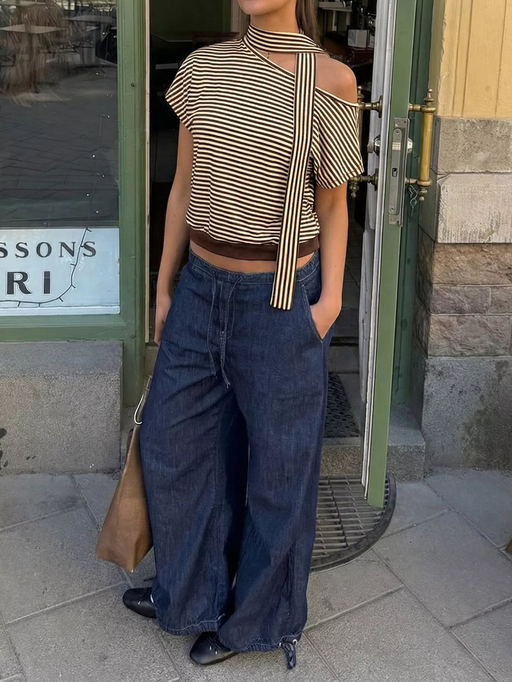 Striped Single Shoulder T-Shirt