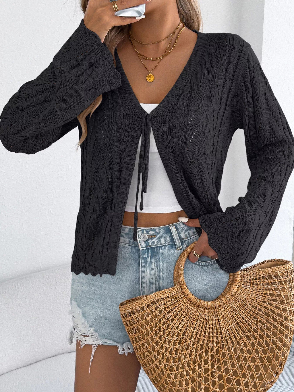 Openwork Tie-Front Knit Cardigan