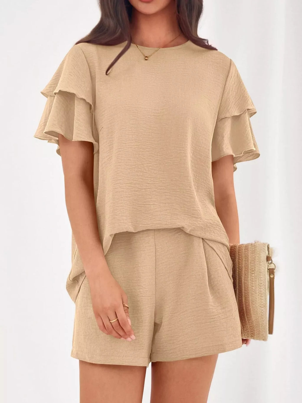 Ruffle Sleeve Top and Shorts Two-Piece Set