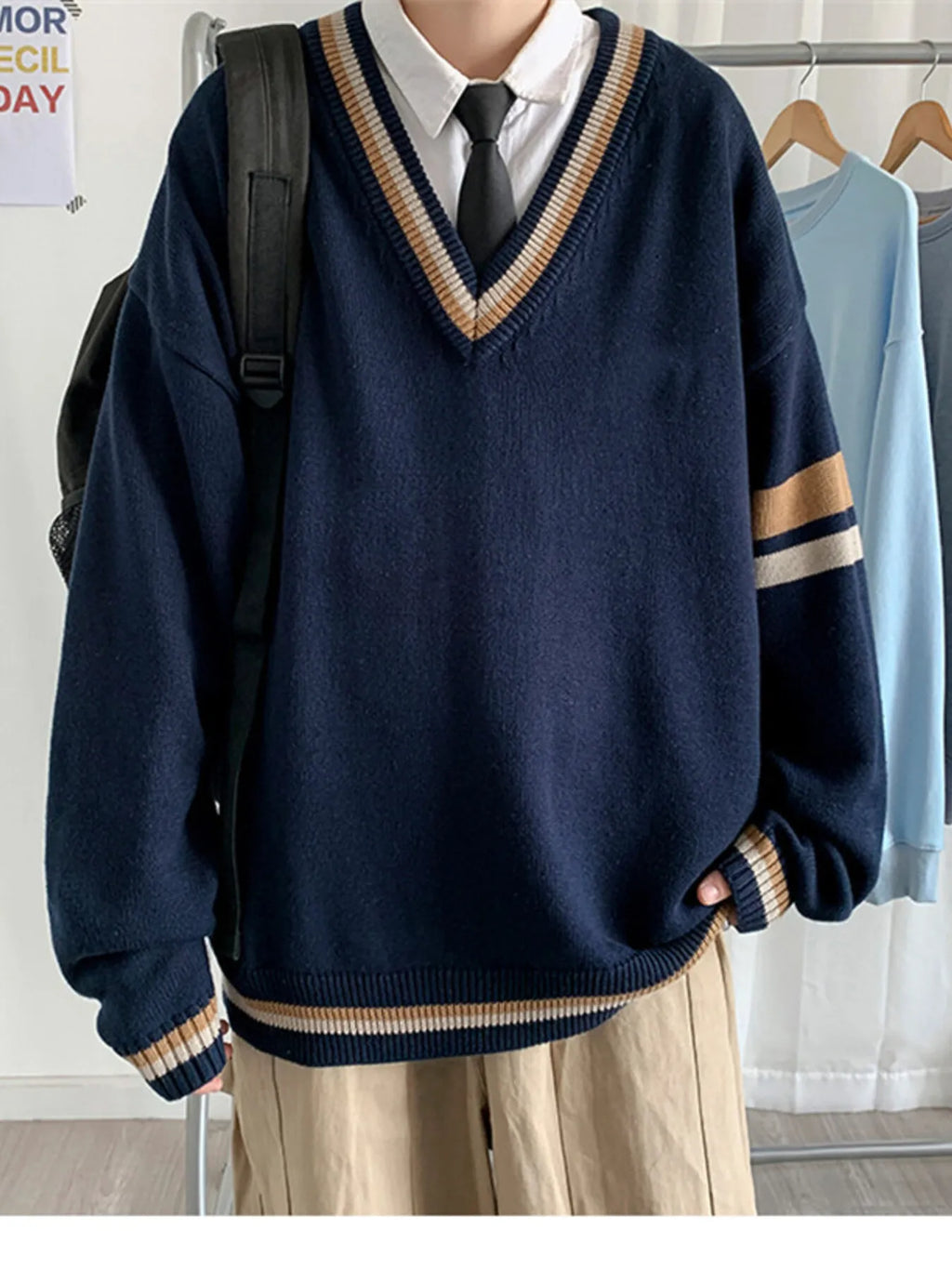 Men's Contrast Striped Long Sleeve Sweater