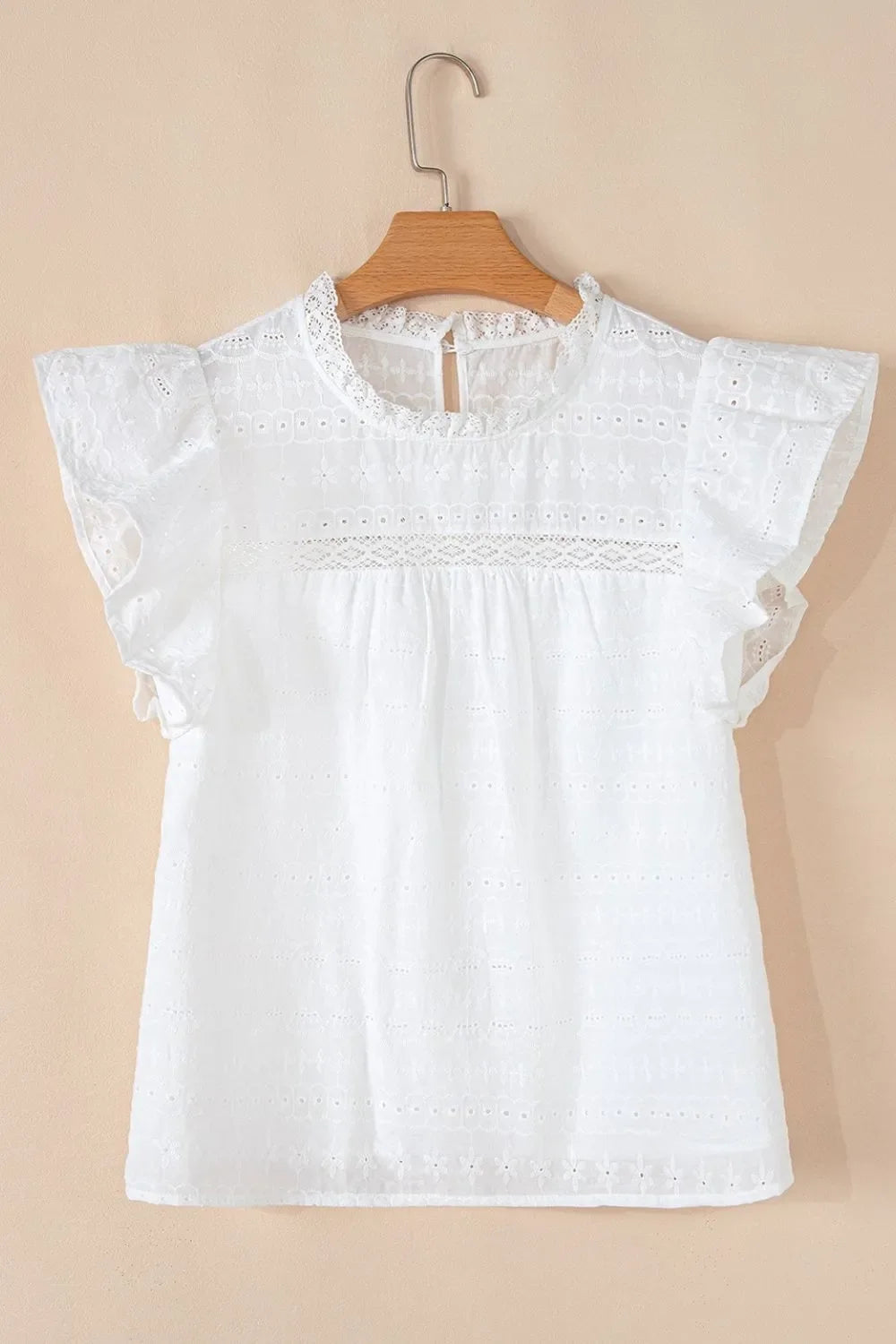 Lace Round Neck Flutter Sleeve Eyelet Blouse