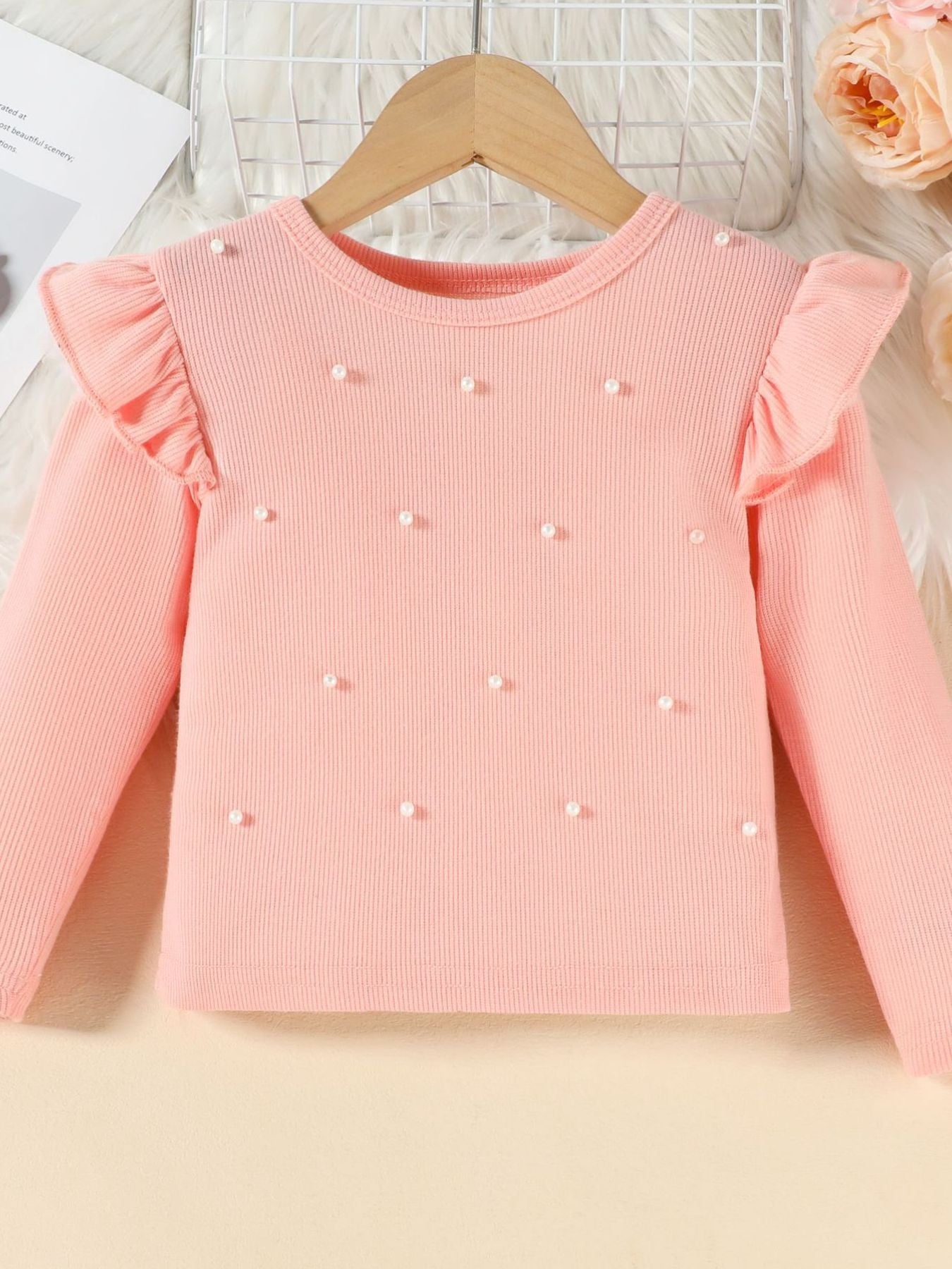 Children's Ruffled Pearl Embellished Top & Faux Leather Shorts Set with Belt