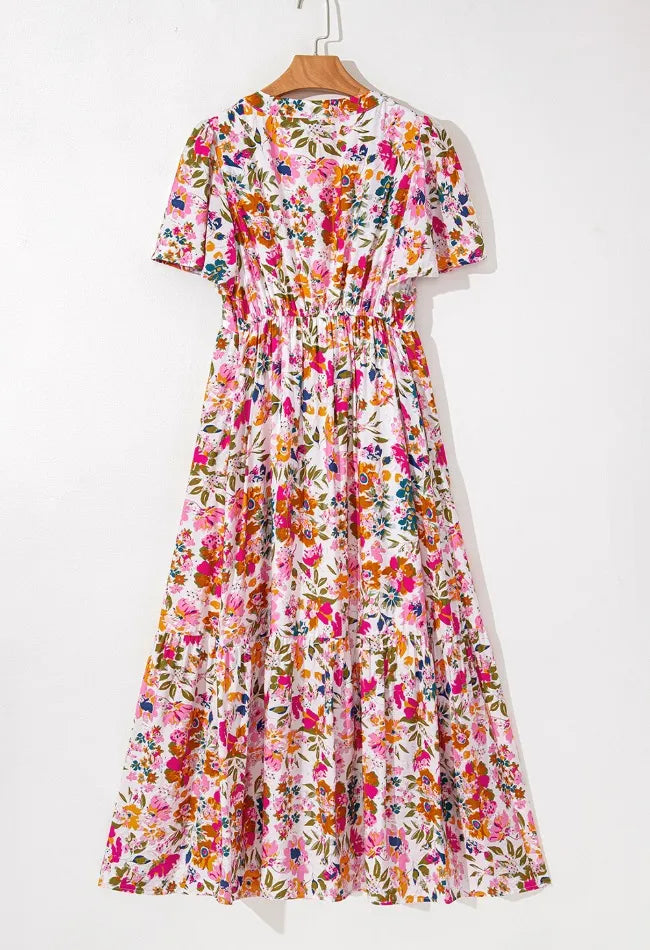 Floral Short Sleeve V Neck Dress with Pockets