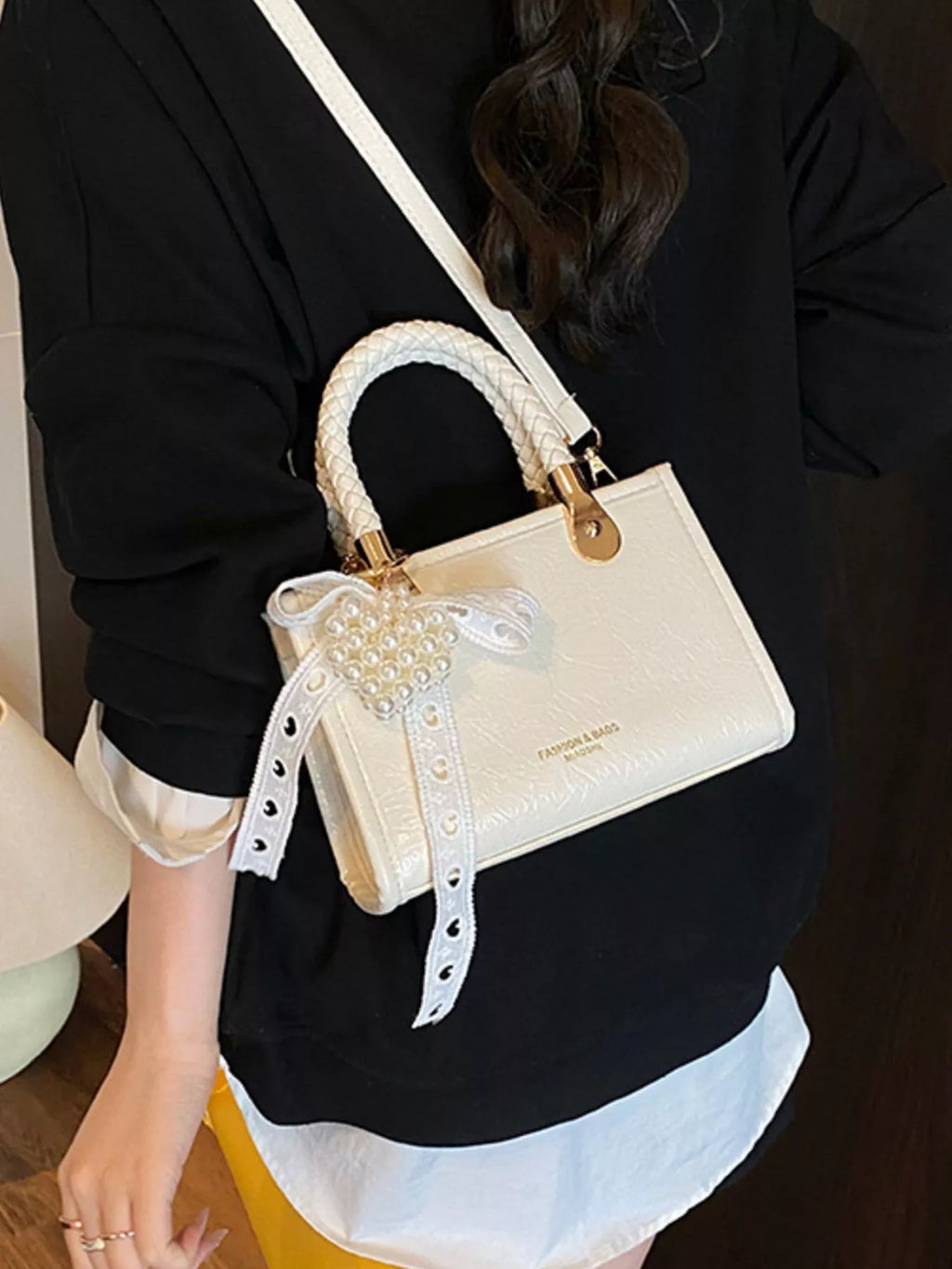 Braided Handle Pearl Decor Crossbody Bag