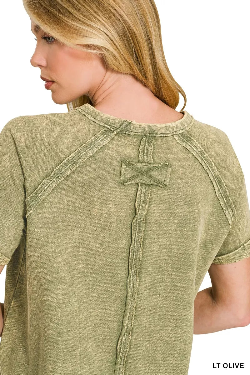 Zenana French Terry Washed Curved Hem Top