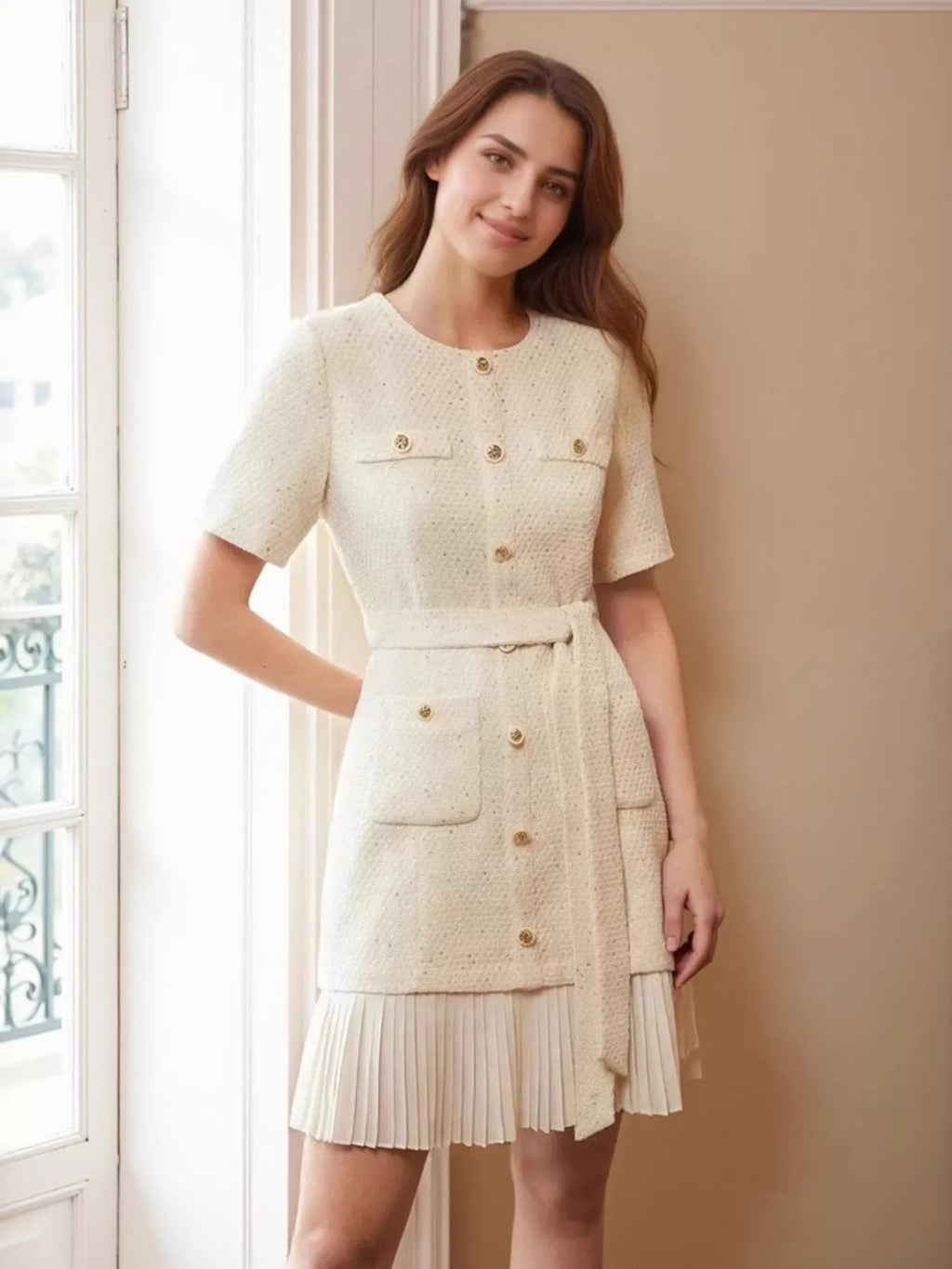 Pleated Hem Round Neck Dress