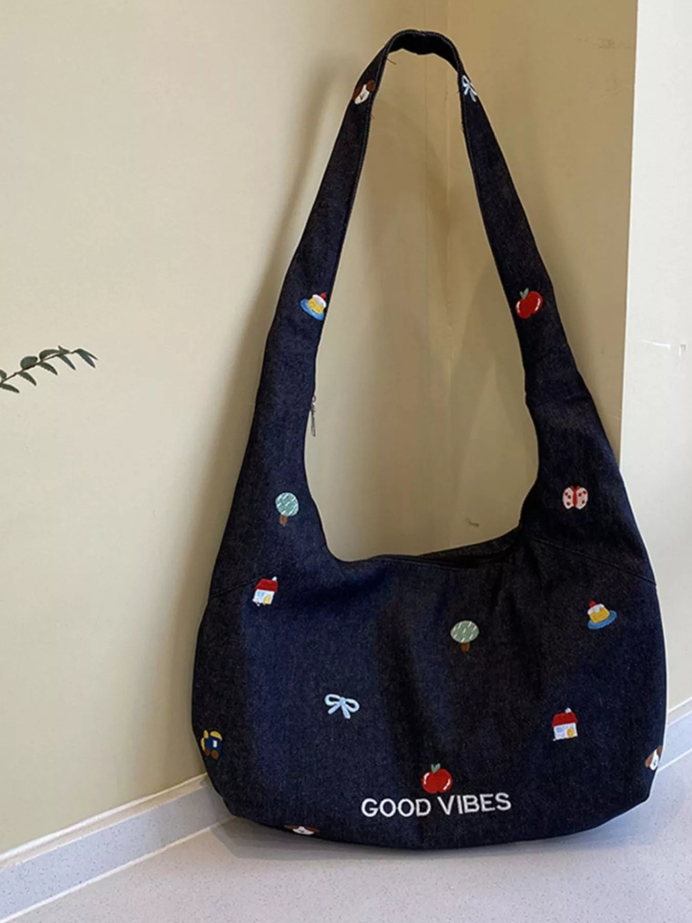 Embroidered Denim Crossbody Bag