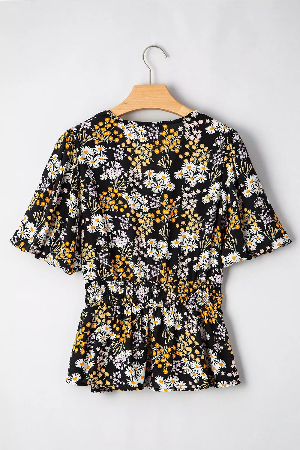 Floral Print V Neck Smocked Babydoll Blouse