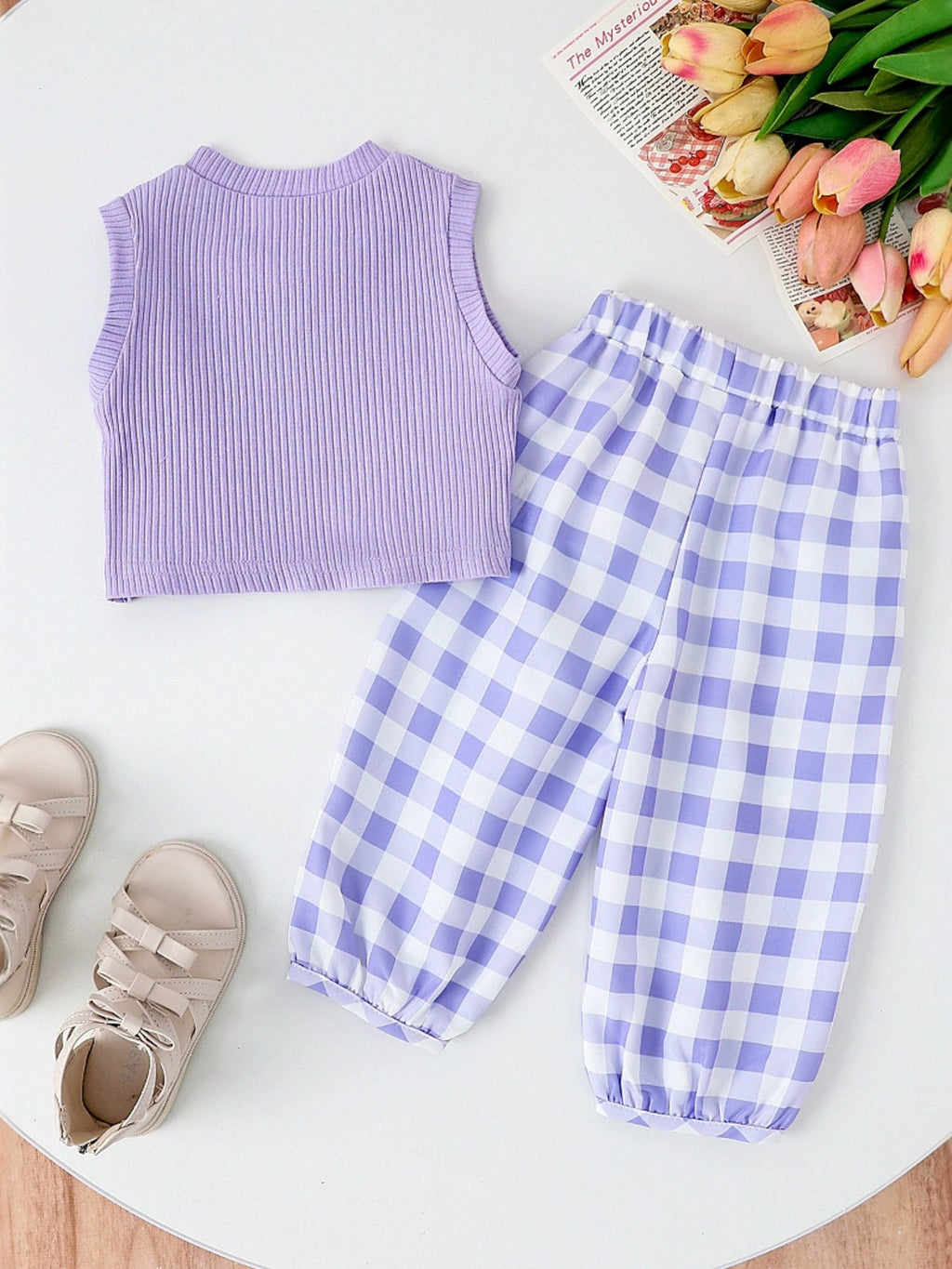 Children's Ribbed Tank Top and Plaid Pants Set with Bows