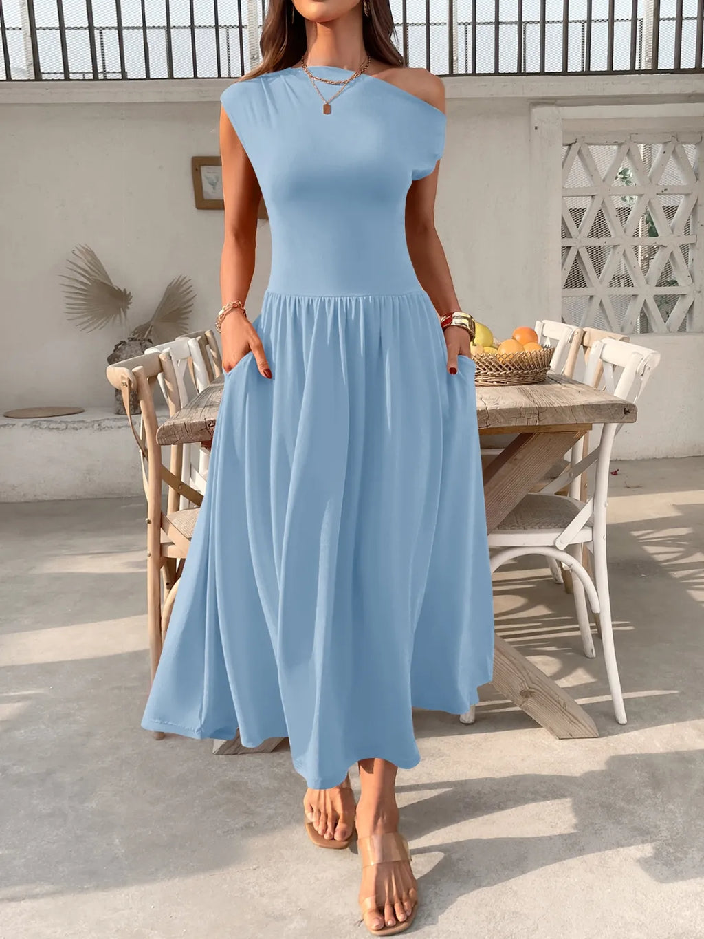 Single Shoulder Midi Dress with Pockets