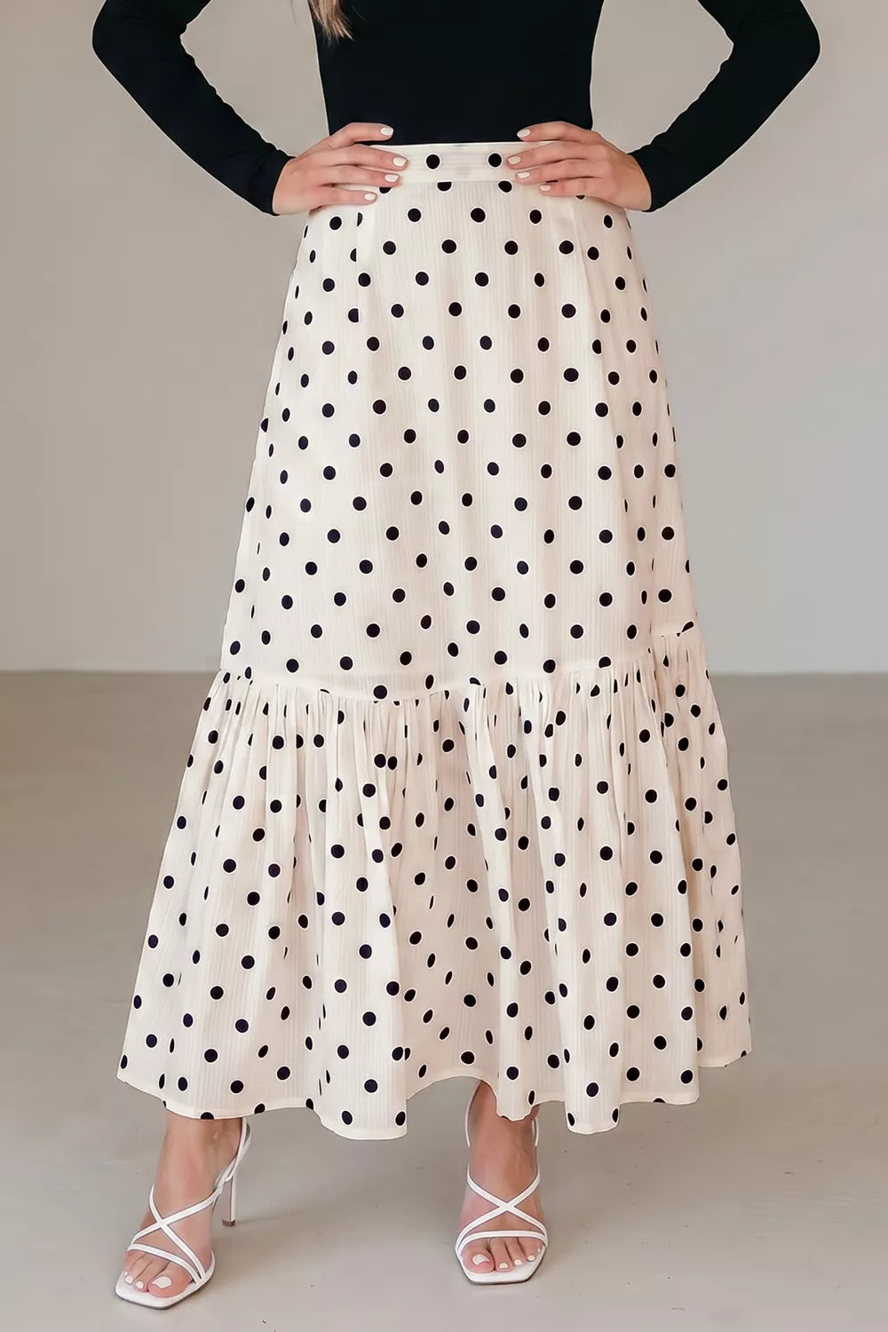Polka Dot Ruffled Slit Maxi Skirt