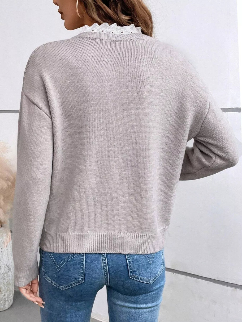 Lace Trim Notched Long Sleeve Sweater