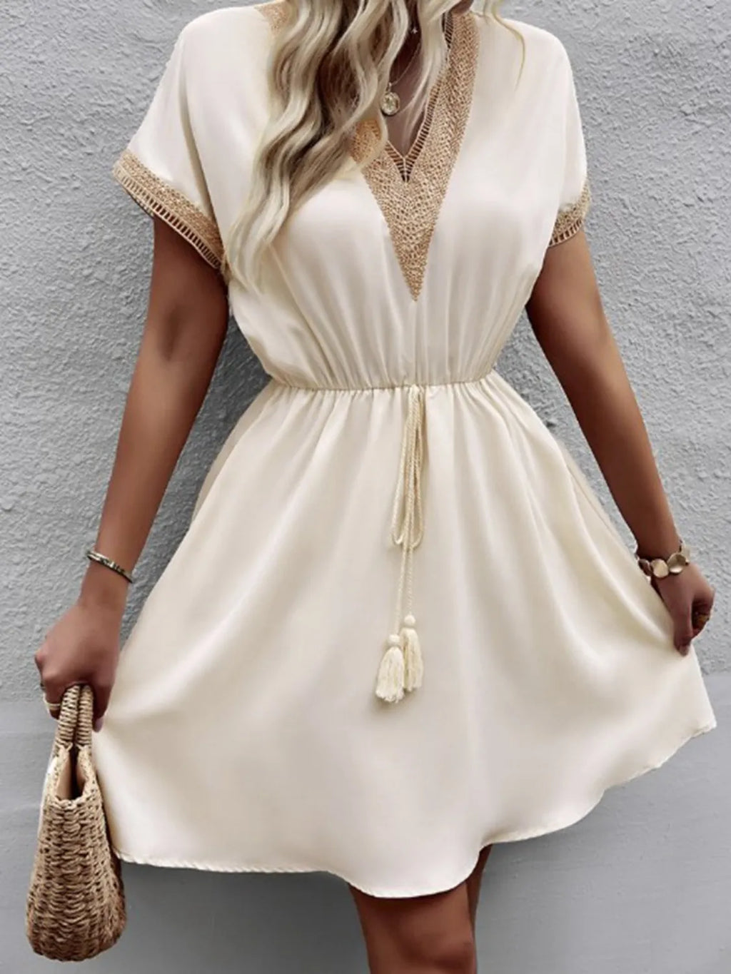 Full Size Tassel V-Neck Short Sleeve Dress Plus Size