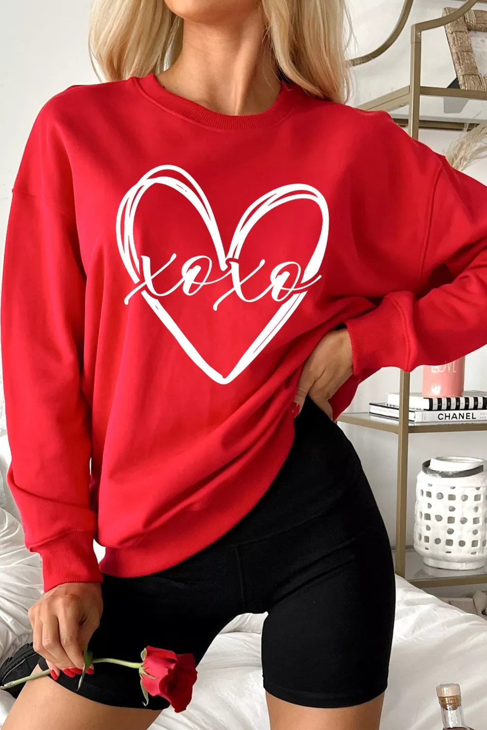 XOXO Valentines Heart Sketch Printed Pullover Sweatshirt