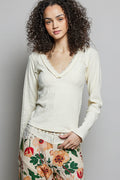 POL V-Neck Long Sleeve Ribbed Top with Lace-Accent Neckband
