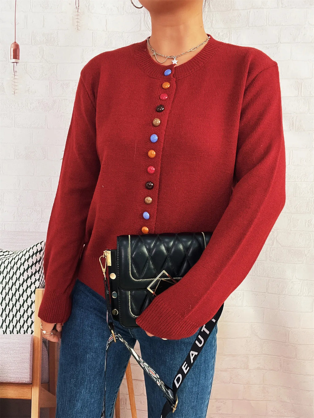 Button-Front Cardigan with Colorful Detail Buttons