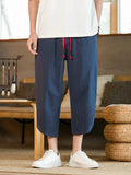 Men's Plus Size Casual Linen Cropped Pants with Drawstring