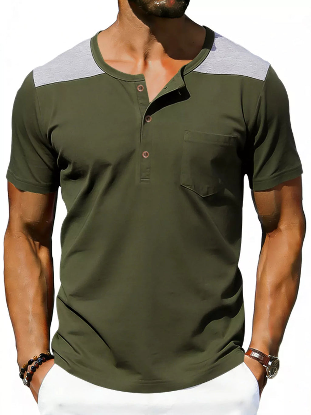 Men's Full Size Casual Henley T-Shirt with Pocket Plus Size