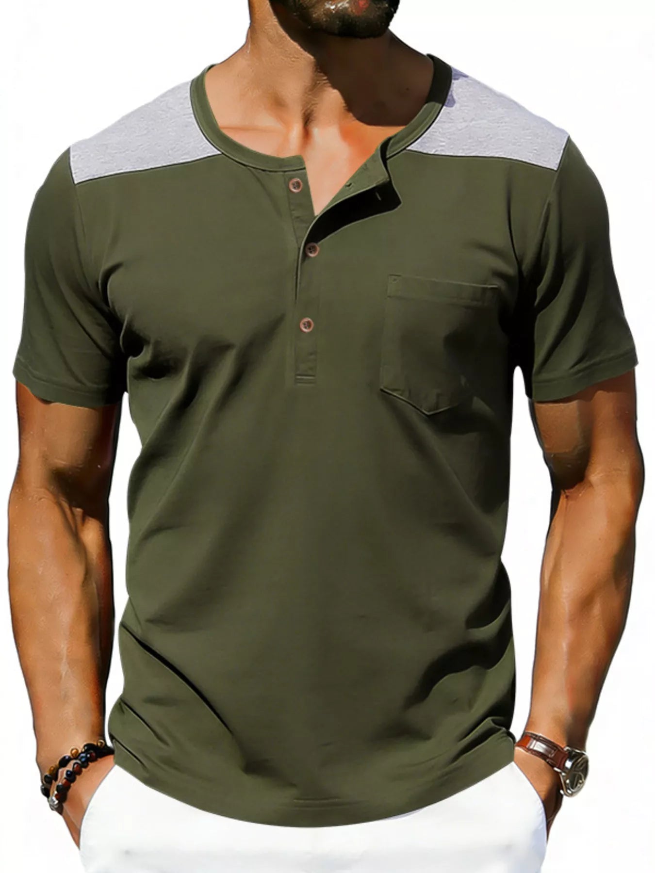 Men's Full Size Casual Henley T-Shirt with Pocket Plus Size