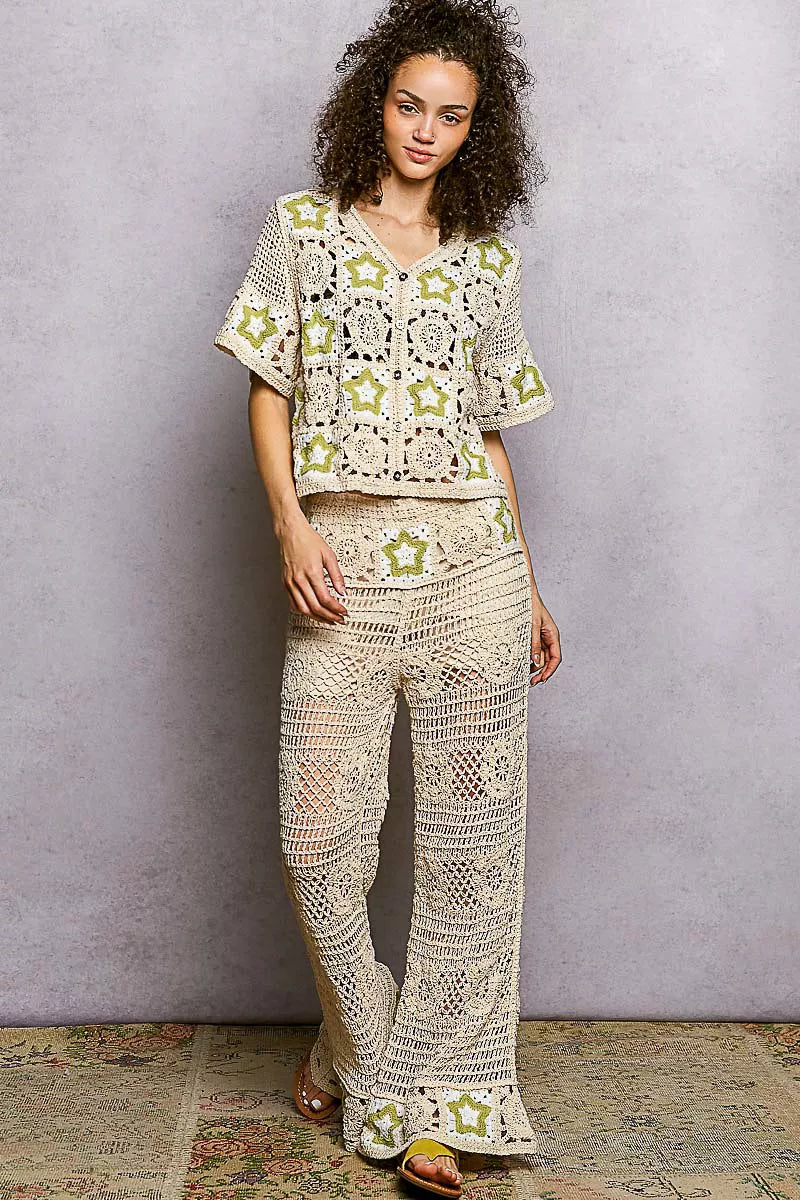 POL Button Front V-Neck Crochet Cardigan with Contast Star