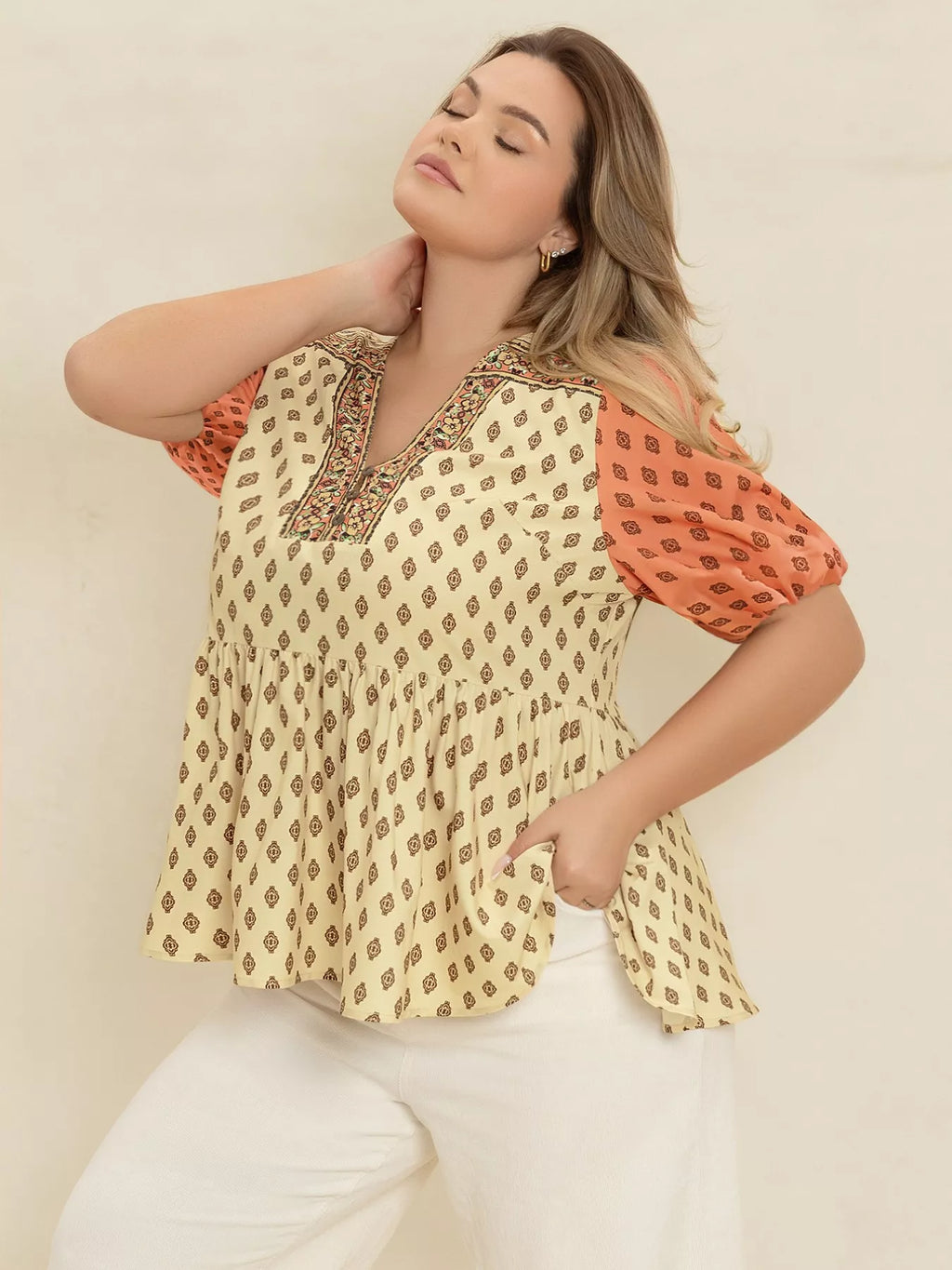 Plus Size Printed Short Sleeve Peplum Blouse