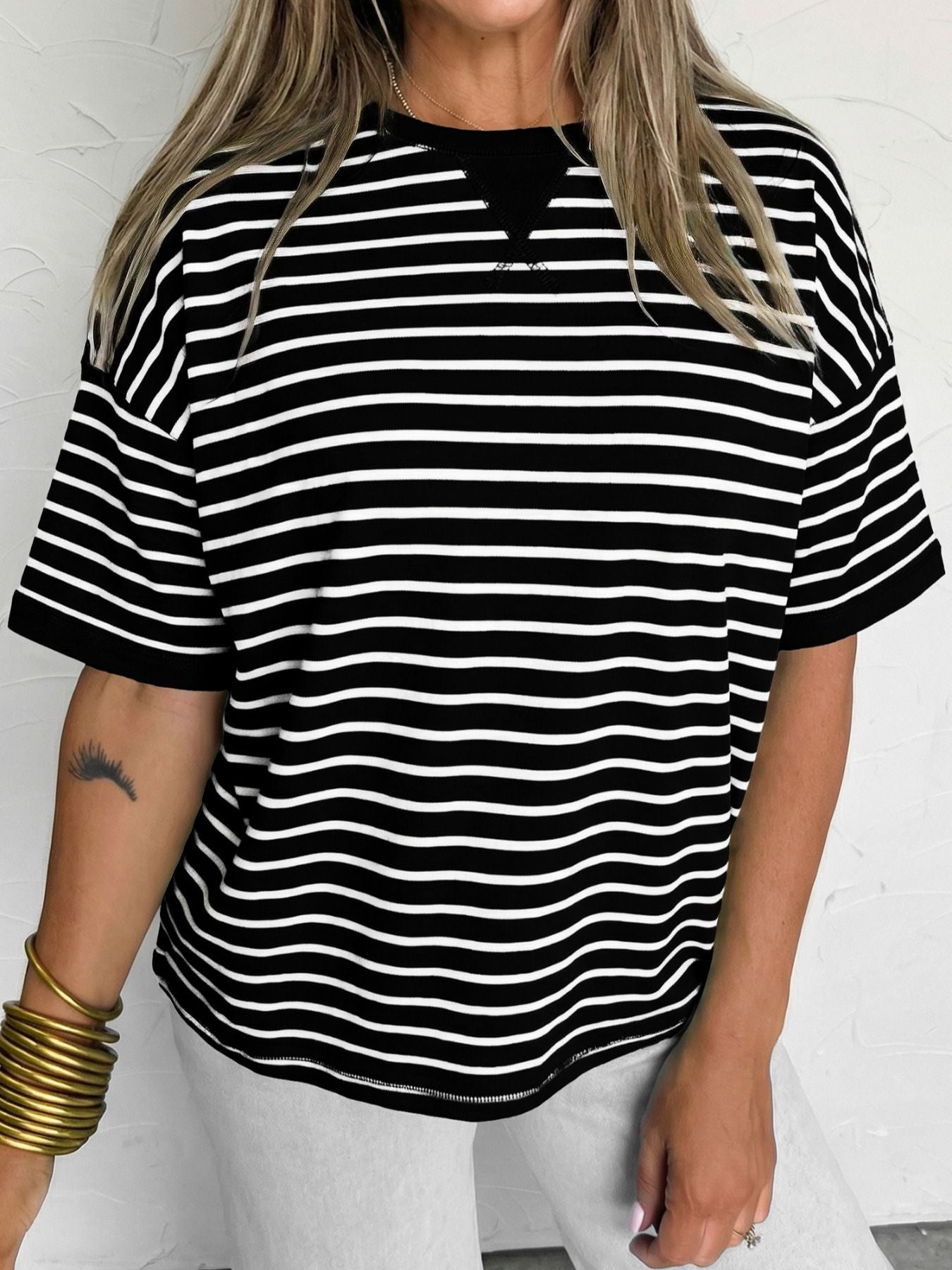 Stripe Ribbed Patchwork Seam Detail Half Sleeve Tee