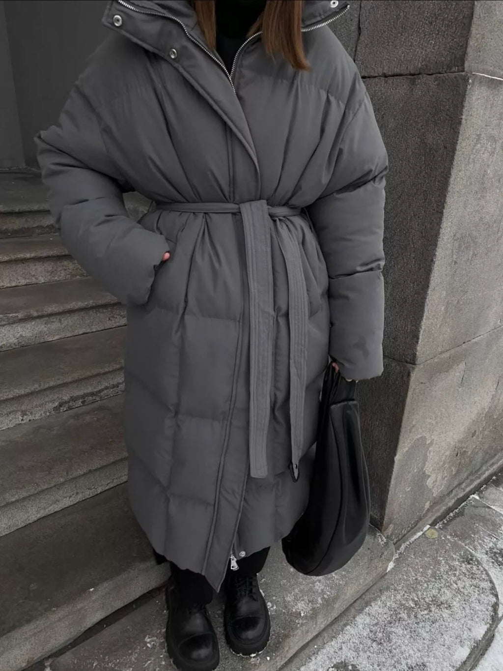 Longline Padded Winter Coat with Belted