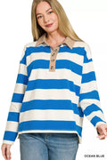 Zenana Striped Contrast Collar Polo Top