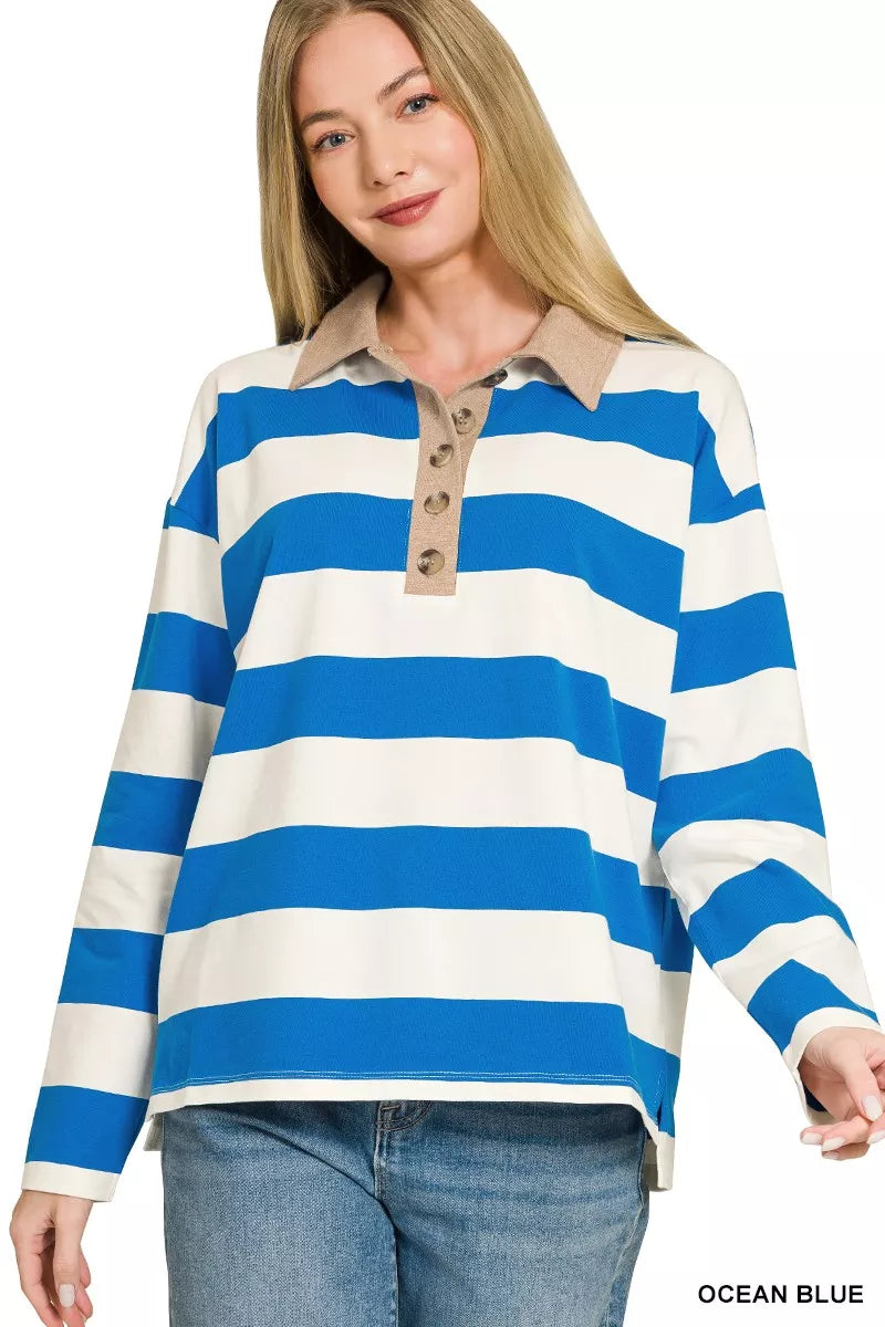 Zenana Striped Contrast Collar Polo Top