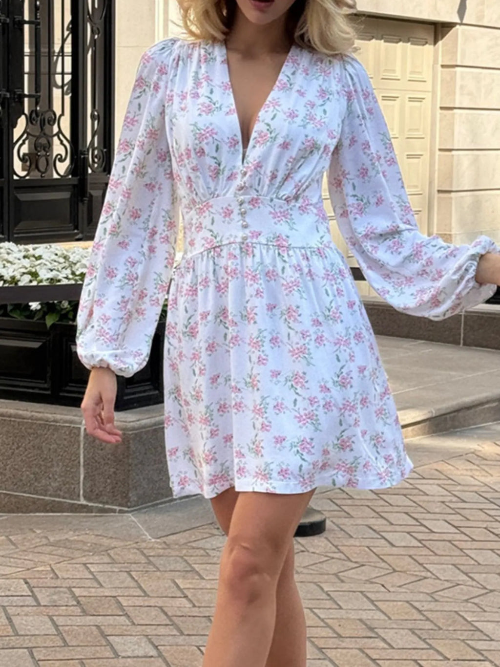 Floral Print Balloon Sleeve Dress