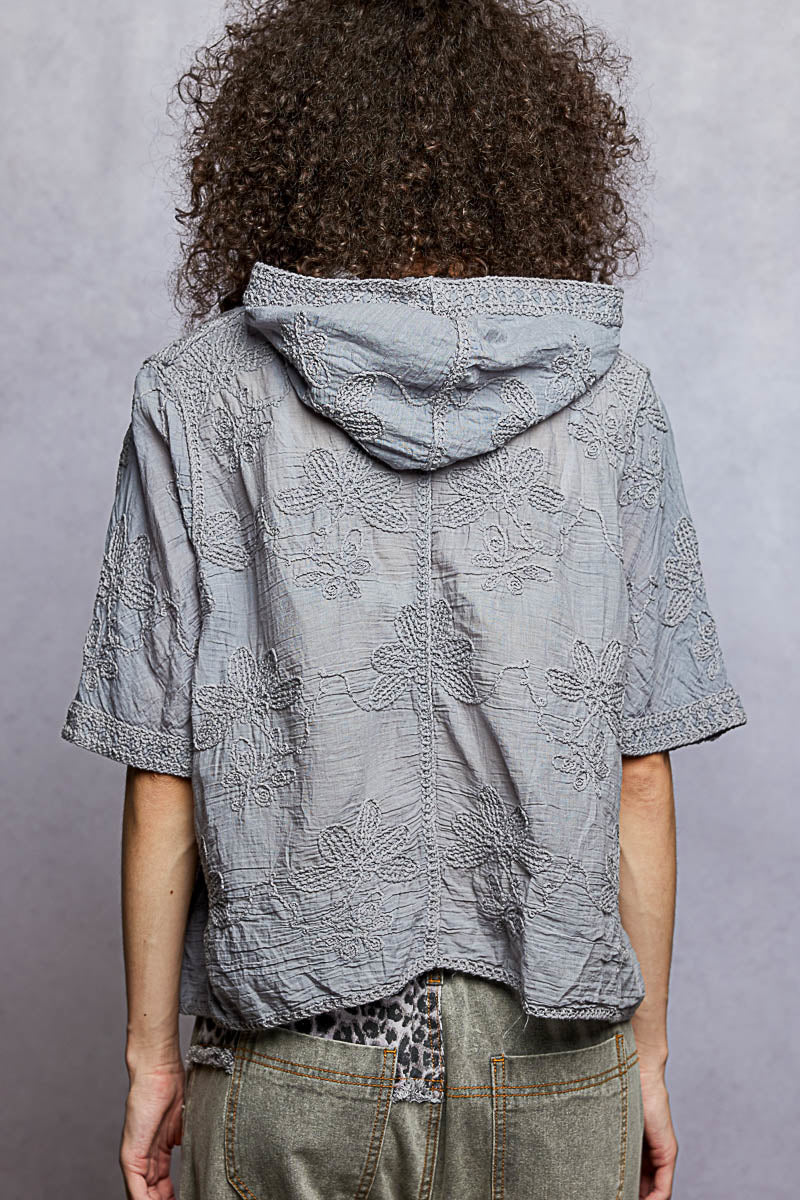 POL Button Front Floral Stitching Breathable Hooded Shirt