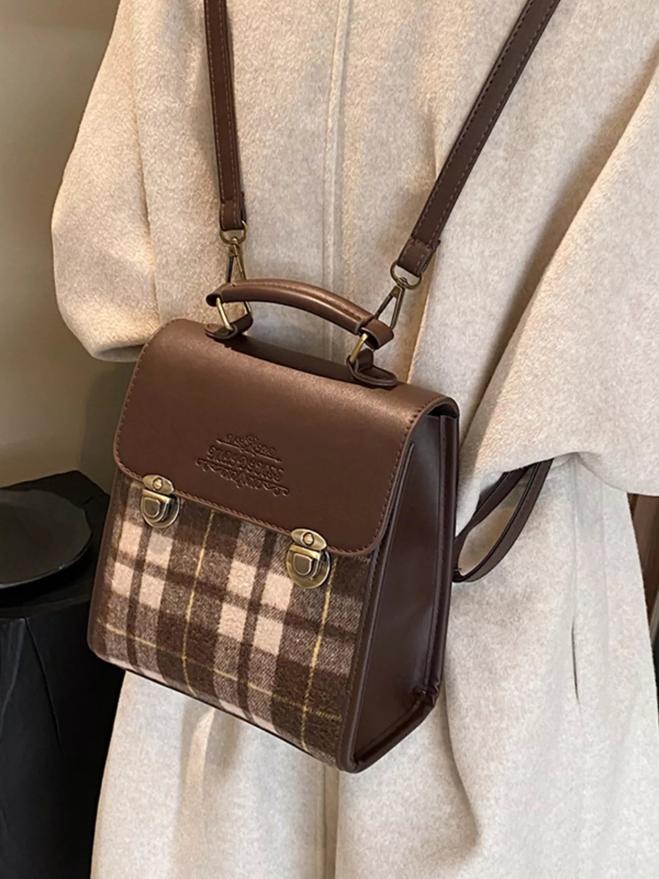 Vintage Plaid Flap Backpack Bag