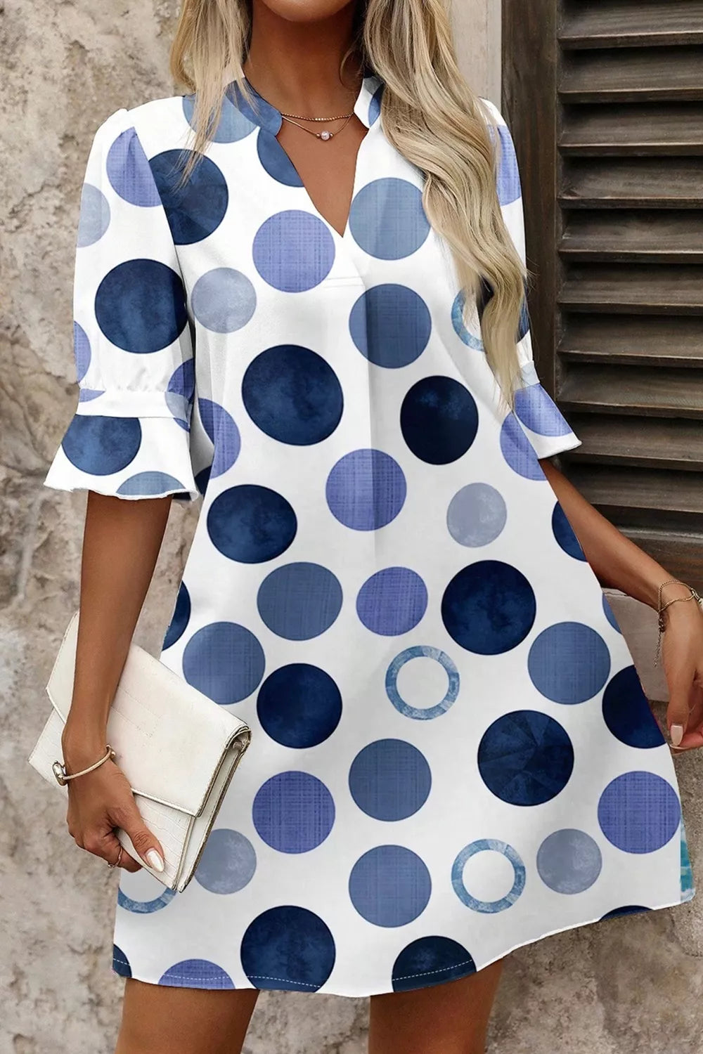 Polka Dot Print Flounced Half Sleeve Casual Vacation Style Mini Dress