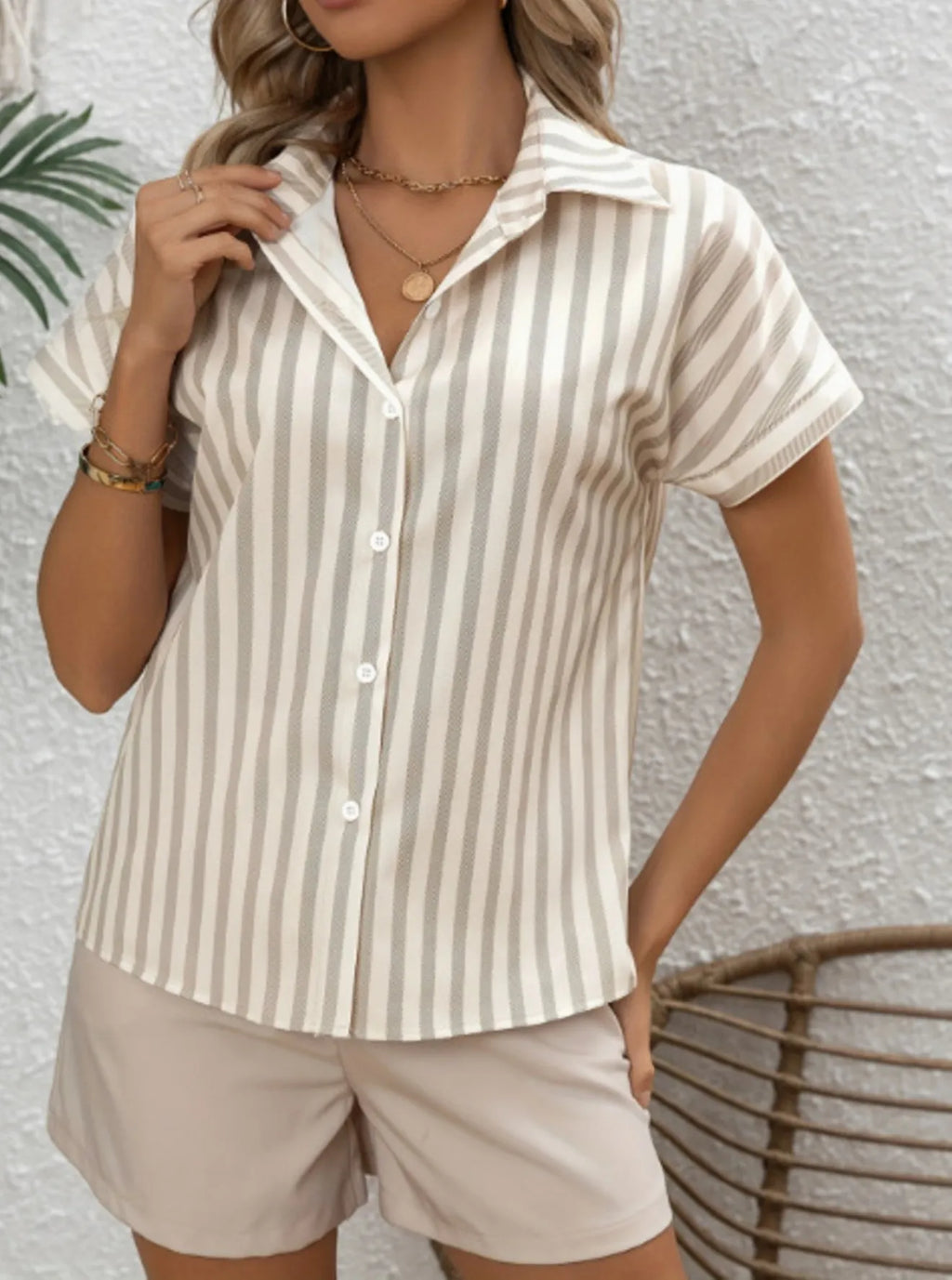 Striped Collared Neck Short Sleeve Shirt