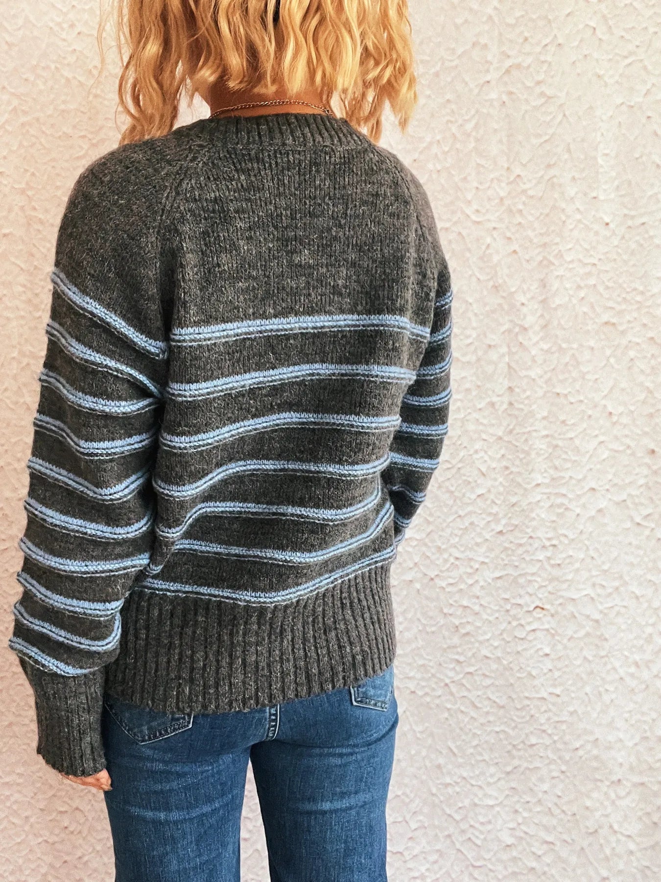 Striped Button Detail Long Sleeve Sweater