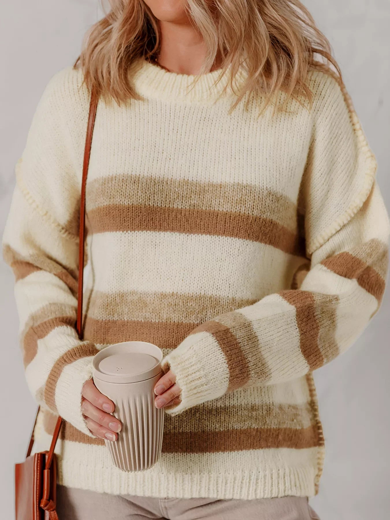 Stripe Exposed Seam Drop Shoulder Knit Baggy Sweater