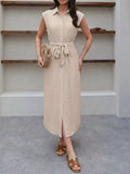 Sleeveless Button-Down Tie Waist Midi Dress