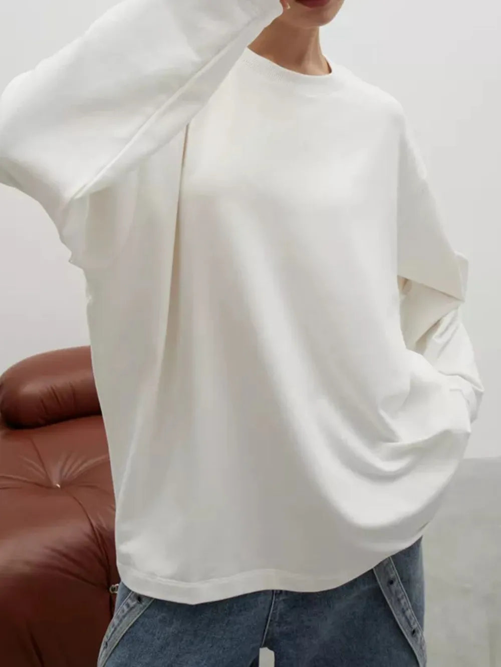 Round Neck Dropped Shoulder Long Sleeve T-Shirt